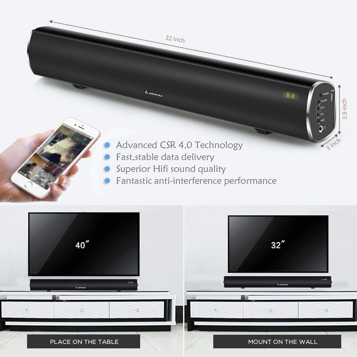Arvicka R7000 Home Theater Sound Bar Surround Sound Speaker With