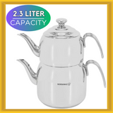 Korkmaz Droppa Turkish Teapot Samovar Style Tea Kettle with 37.2 Oz & 77.8 Oz