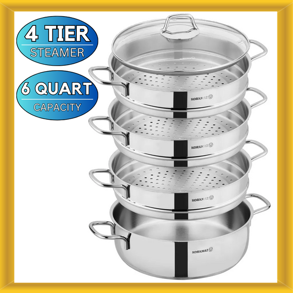 Korkmaz Perla 5 Piece Stainless Steel Manti Steamer Cookware Set in Silver