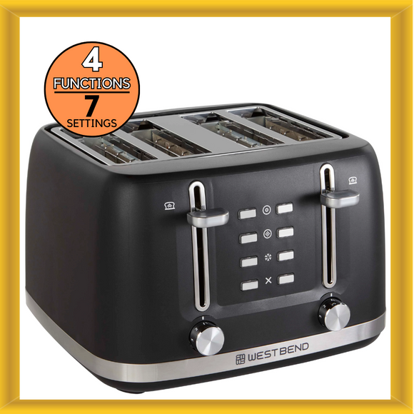 West Bend Toaster 4 Slice Extra-Wide & Deep Slots with 7 Browning Level in Black