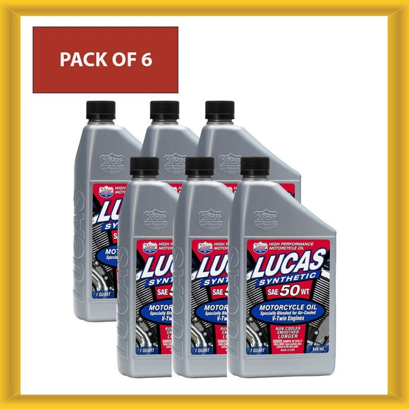 6 x Lucas Oil 10765 Synthetic SAE 50W Motorcycle Oil 1 Quart for V-Twin