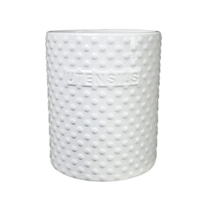 Ceramic Round Utensil Jar with Embossed UTENSILS Writing (Gloss White)