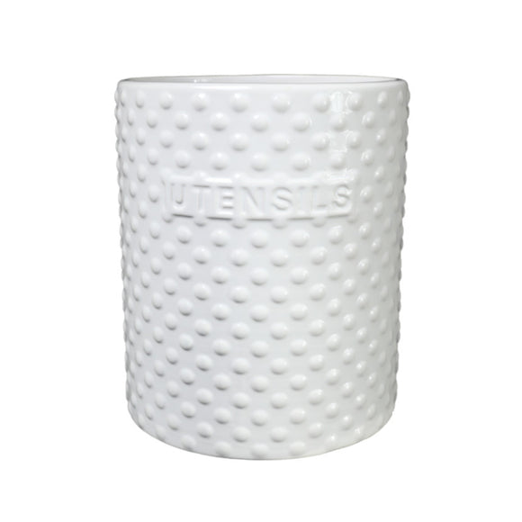 Ceramic Round Utensil Jar with Embossed UTENSILS Writing (Gloss White)
