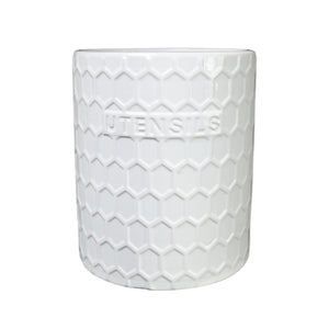Ceramic Round Utensil Jar with Embossed UTENSILS Writing and Hexagon Pattern (Gloss White)