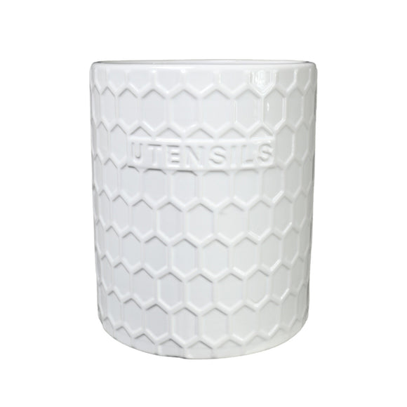 Ceramic Round Utensil Jar with Embossed UTENSILS Writing and Hexagon Pattern (Gloss White)