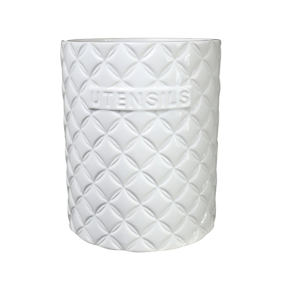 Ceramic Round Utensil Jar with Embossed UTENSILS Writing and Diamond Pattern (Gloss White)