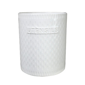 Ceramic Round Utensil Jar with Embossed UTENSILS and Vertical Cut Off Line Pattern Design (Gloss White)