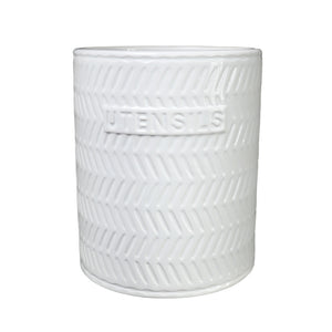 Ceramic Round Utensil Jar with Embossed UTENSILS and Diagonal Cut Off Line Pattern Design (Gloss White)