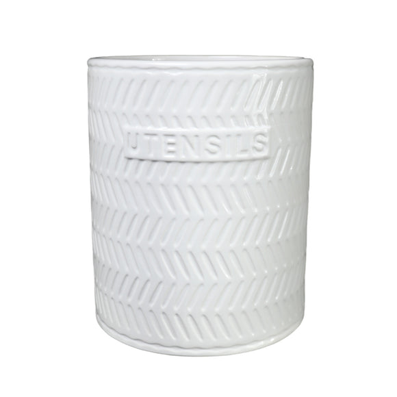 Ceramic Round Utensil Jar with Embossed UTENSILS and Diagonal Cut Off Line Pattern Design (Gloss White)