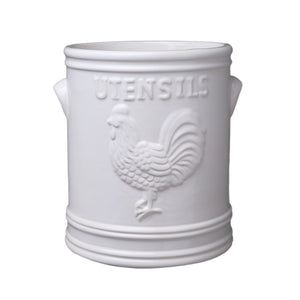 Ceramic Round Utensil Jar with Embossed ROOSTER Design, Side Handles and Banded Bottom Coated Finish White