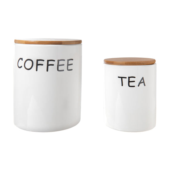 Coffee and Tea Canister with Bamboo Lid w/ Gloss White Finish - Set of 2