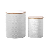 Ceramic Round Canister with Bamboo Lid and Dotted Pattern Design w/ Matte White Finish - Set of Two
