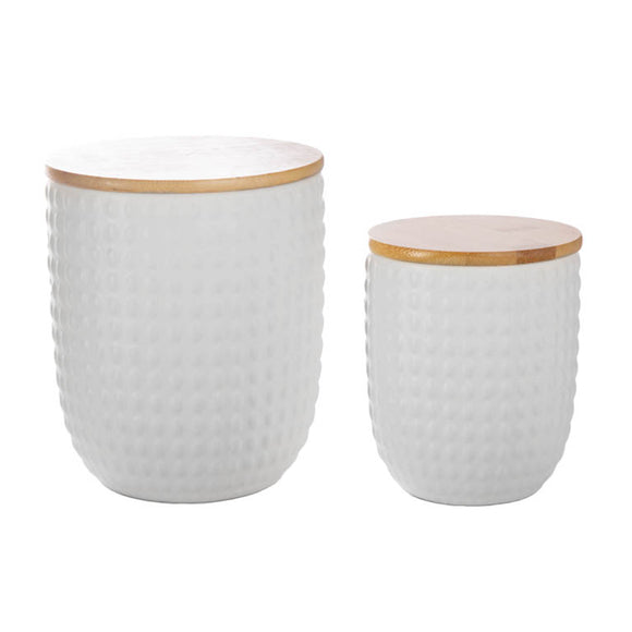 Ceramic Round Canister with Bamboo Lid and Dotted Pattern Design w/ Matte White Finish - Set of Two