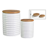 Ceramic Round Canister with Wood Lid and Ribbed Design - Set of Two