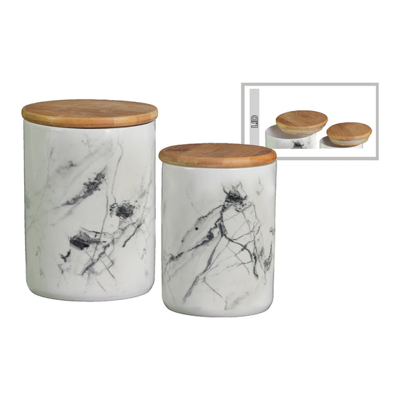 Ceramic Round Canister w/ Marbleized White Finish - Set of Two