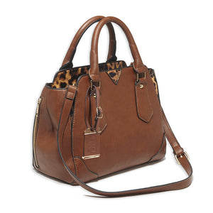 Bulldog Concealed Carry Satchel Purse w/ Holster - Chestnut with Leopard Trim